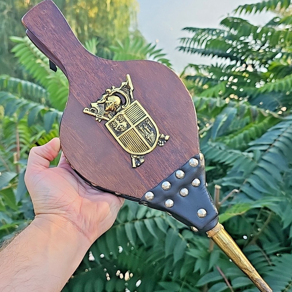 VTG Wood & Leather Fireplace Bellows w/Brass Crest Made in Japan Collectible